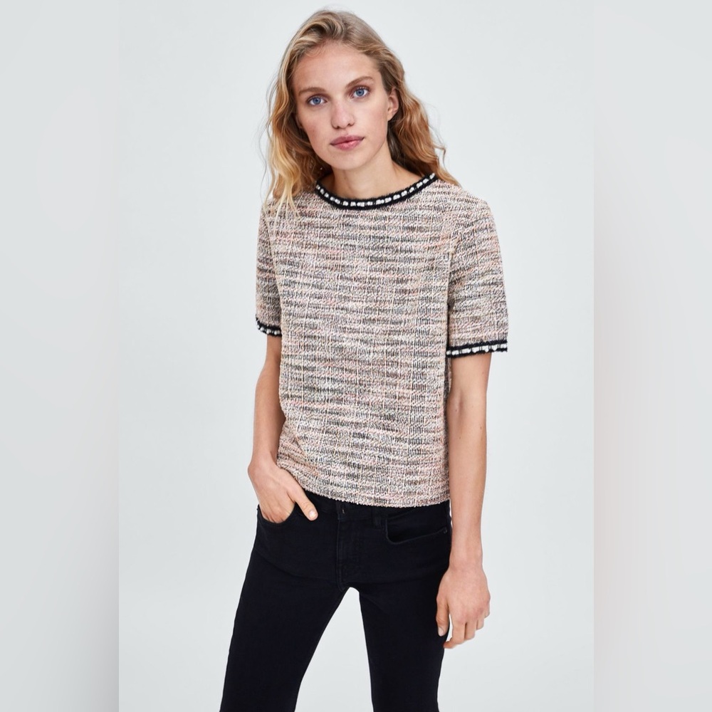 Zara Multicolor Short Sleeve Tweed Top